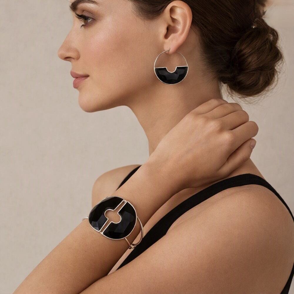 Anthropologie Temperance Black Gold Tone Minimalist Bracelet And Earrings Set
